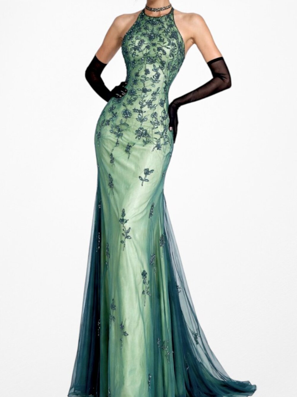 Vintage Y2K 90s Green Floral Halter Beaded Mesh Bodycon Maxi Prom Dress Size S - Picture 3 of 14